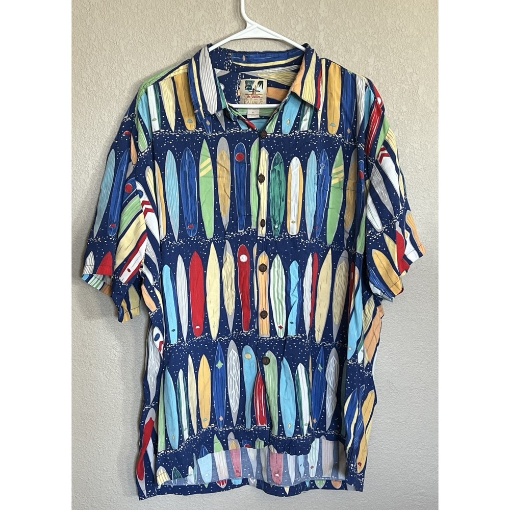 Kahala Hawaiian Islands Surfboard Print Aloha Button-Down Shirt 100% Rayon XL